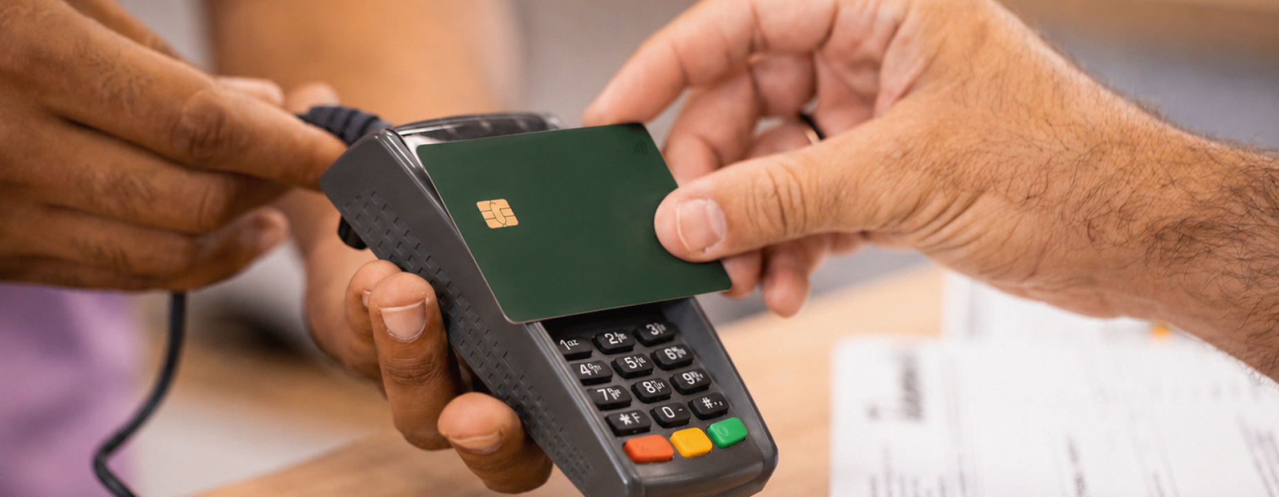 Pessoa realizando pagamento por aproximação em uma maquininha de cartão, utilizando um cartão verde escuro com símbolo contactless. A imagem mostra um close nas mãos durante a transação em um ambiente comercial, representando praticidade, tecnologia financeira e pagamentos digitais.