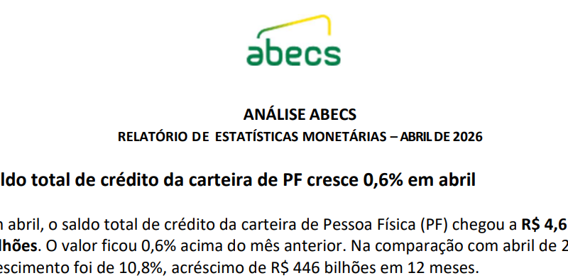 Saldo total de crédito da carteira de PF cresce 0,6% em abril